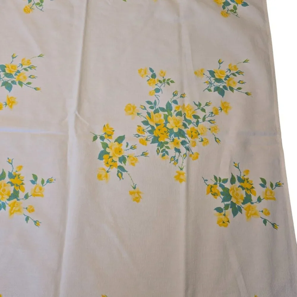 Vintage Floral Tablecloth 53x65 Yellow Roses Mid-Century Country Cottage Style